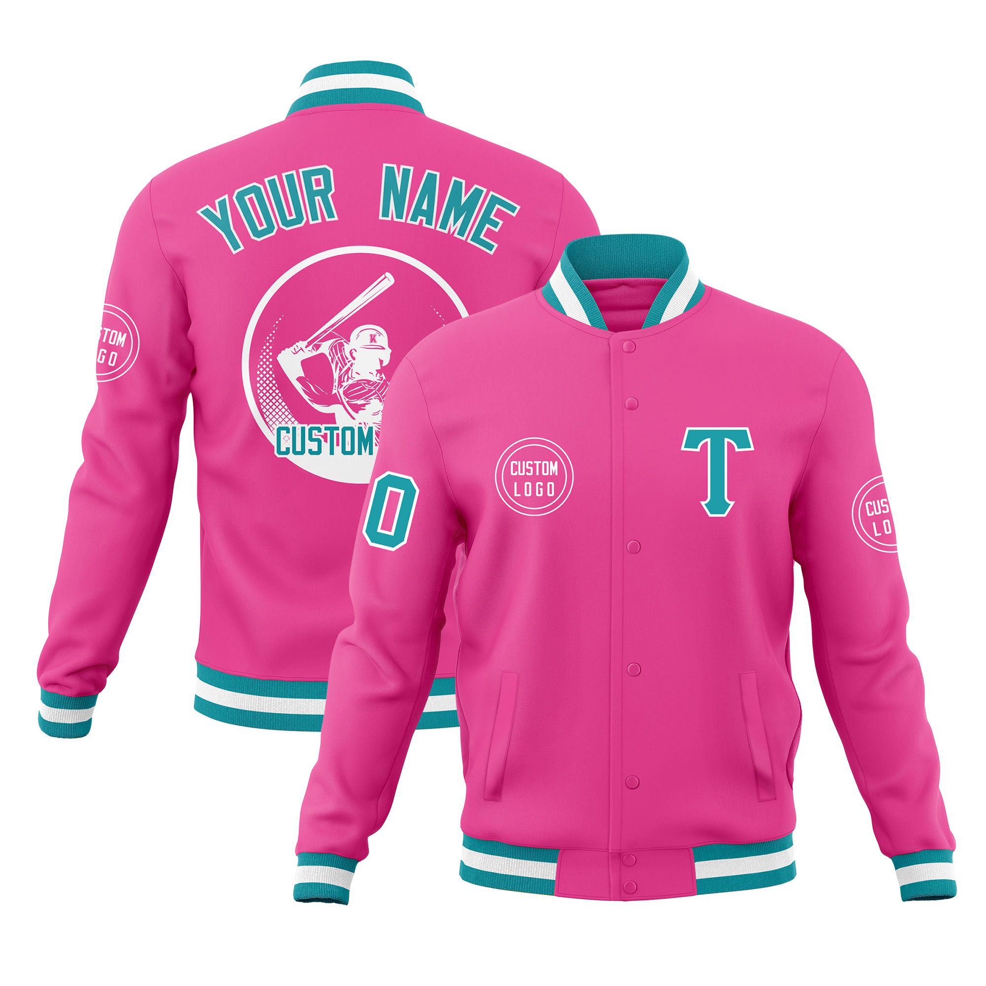 Custom Pink Full-Snap Varsity Personalized Letterman Baseball Coats Jacket