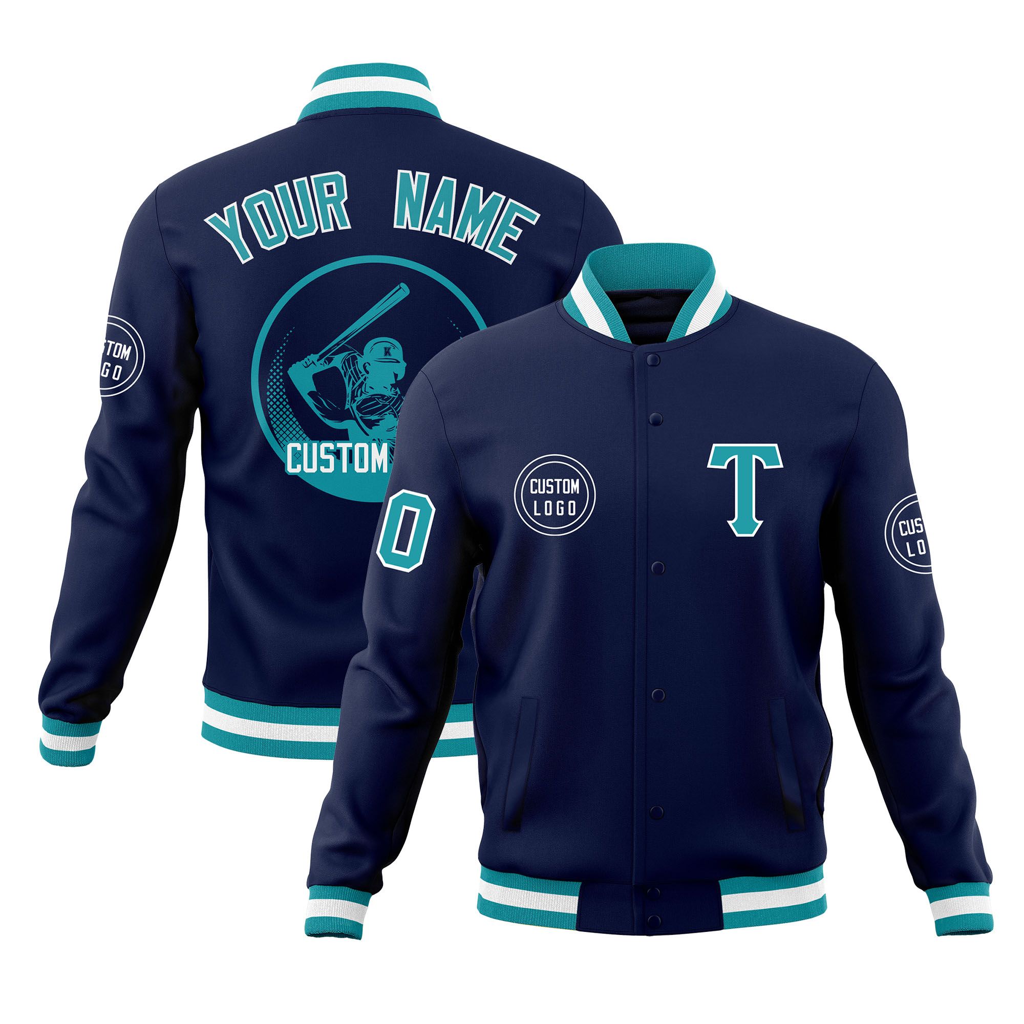 Custom Navy Full-Snap Varsity Personalized Letterman Baseball Coats Jacket