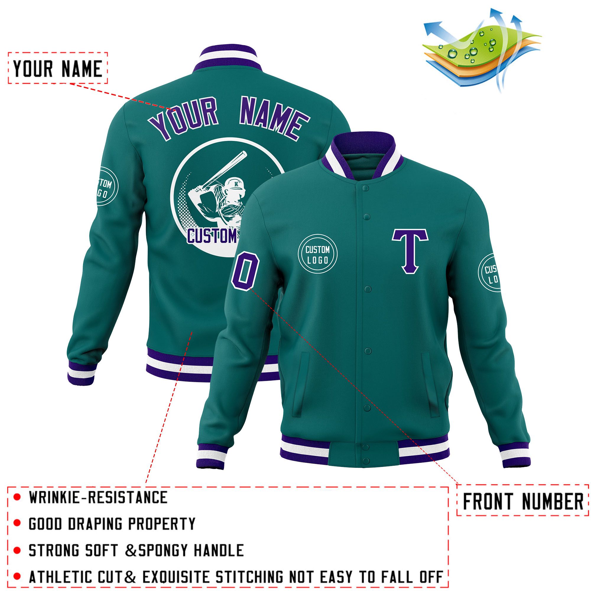 Custom Aqua Full-Snap Varsity Personalized Letterman Baseball Coats Jacket