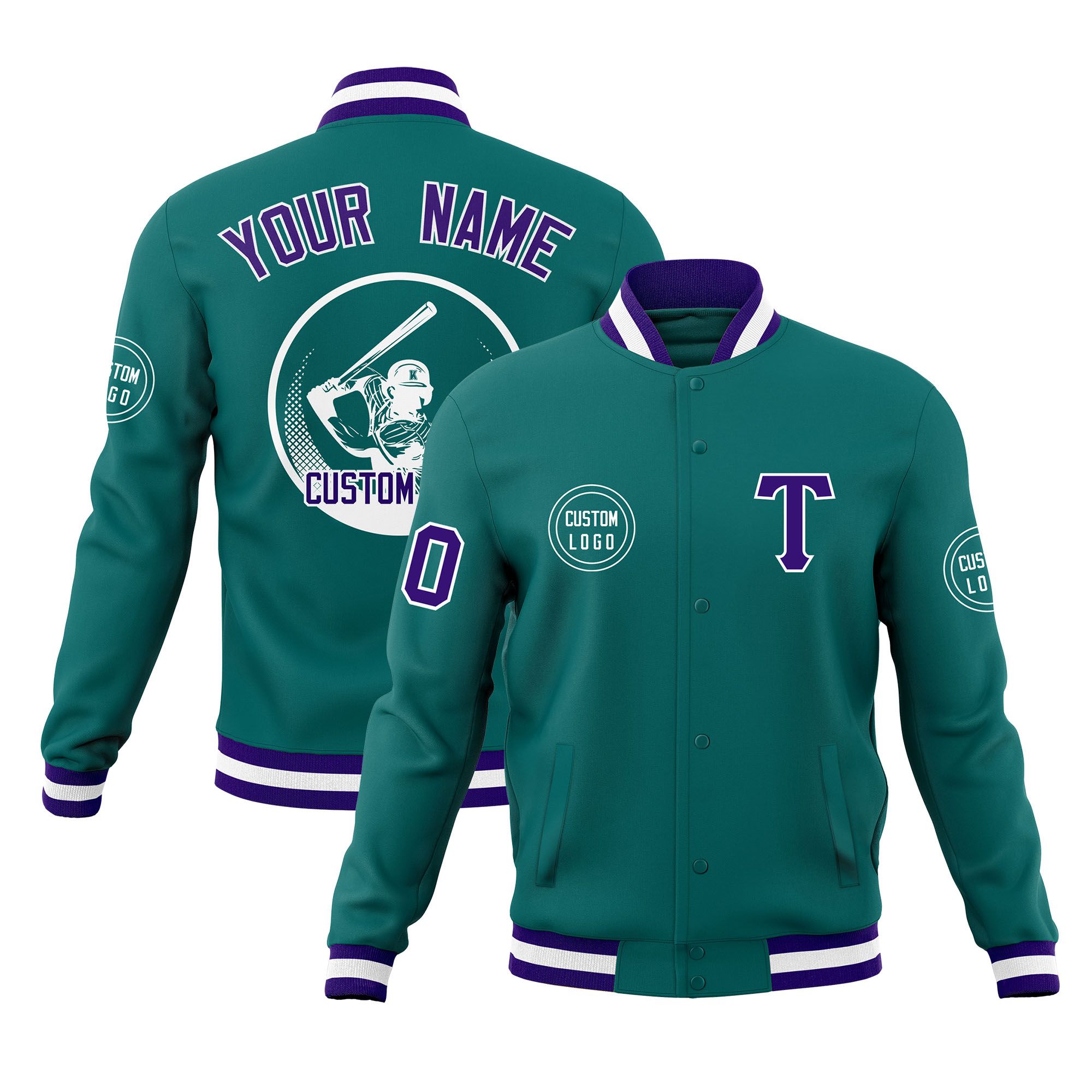 Custom Aqua Full-Snap Varsity Personalized Letterman Baseball Coats Jacket