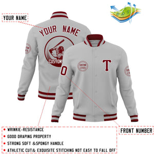 Custom Gray Full-Snap Varsity Personalized Letterman Baseball Coats Jacket