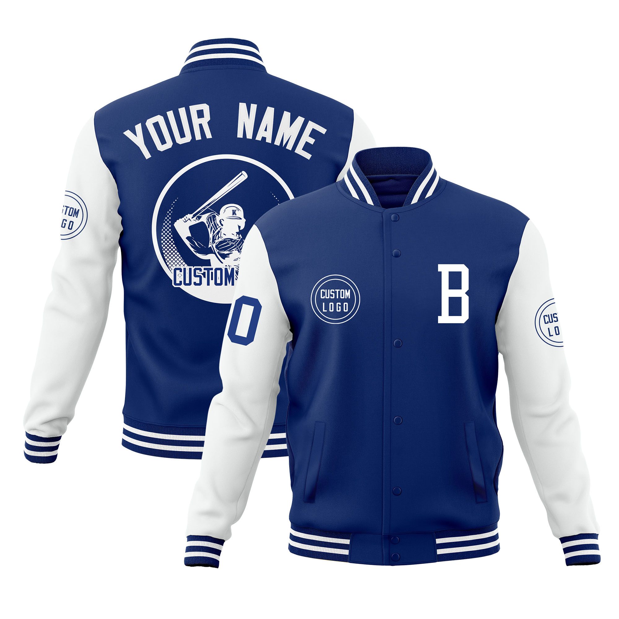 Custom Royal White Raglan Sleeves Full-Snap Varsity Personalized Letterman Baseball Coats Jacket