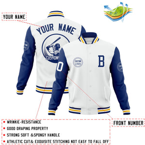 Custom White Royal Raglan Sleeves Full-Snap Varsity Personalized Letterman Baseball Coats Jacket