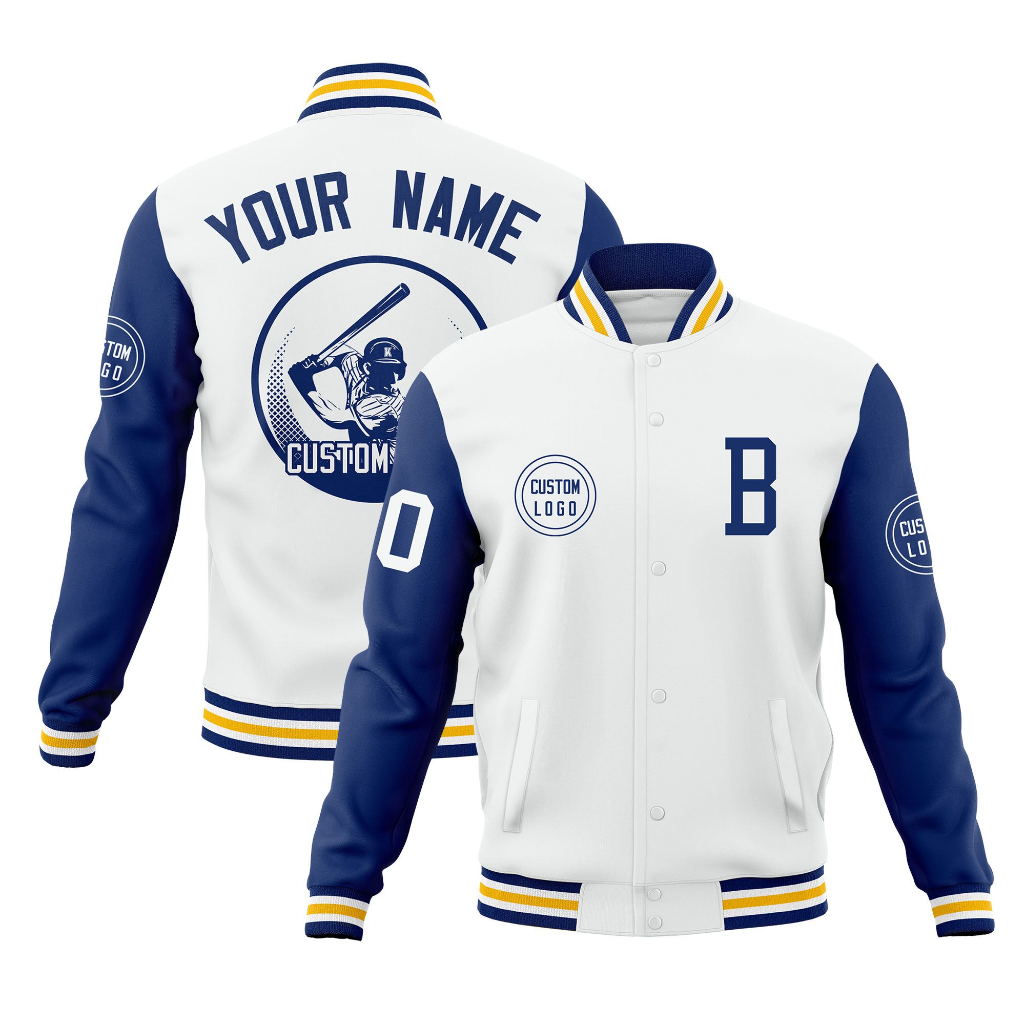 Custom White Royal Raglan Sleeves Full-Snap Varsity Personalized Letterman Baseball Coats Jacket