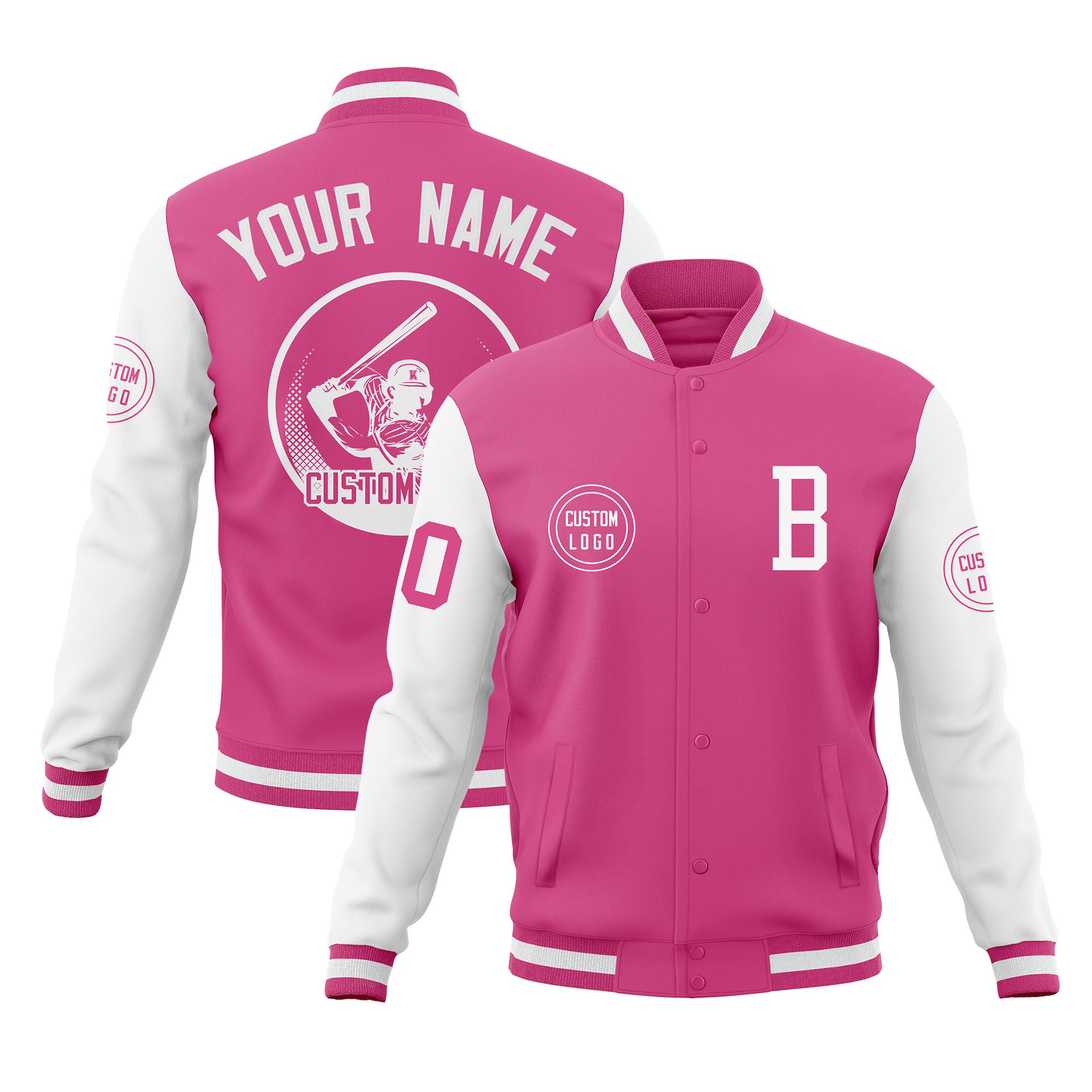 Custom Pink White Raglan Sleeves Full-Snap Varsity Personalized Letterman Baseball Coats Jacket