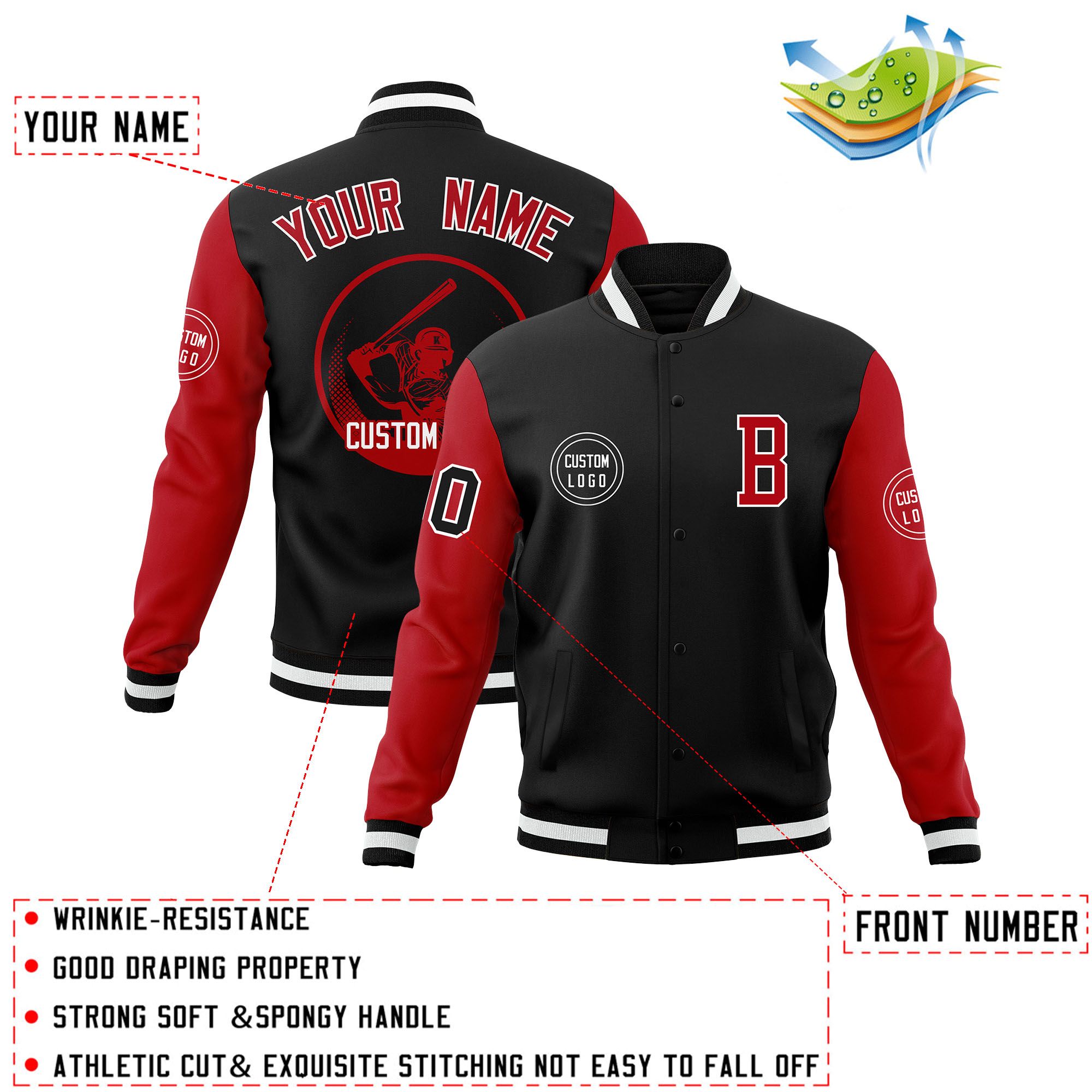 Custom Black Red Raglan Sleeves Full-Snap Varsity Personalized Letterman Baseball Coats Jacket