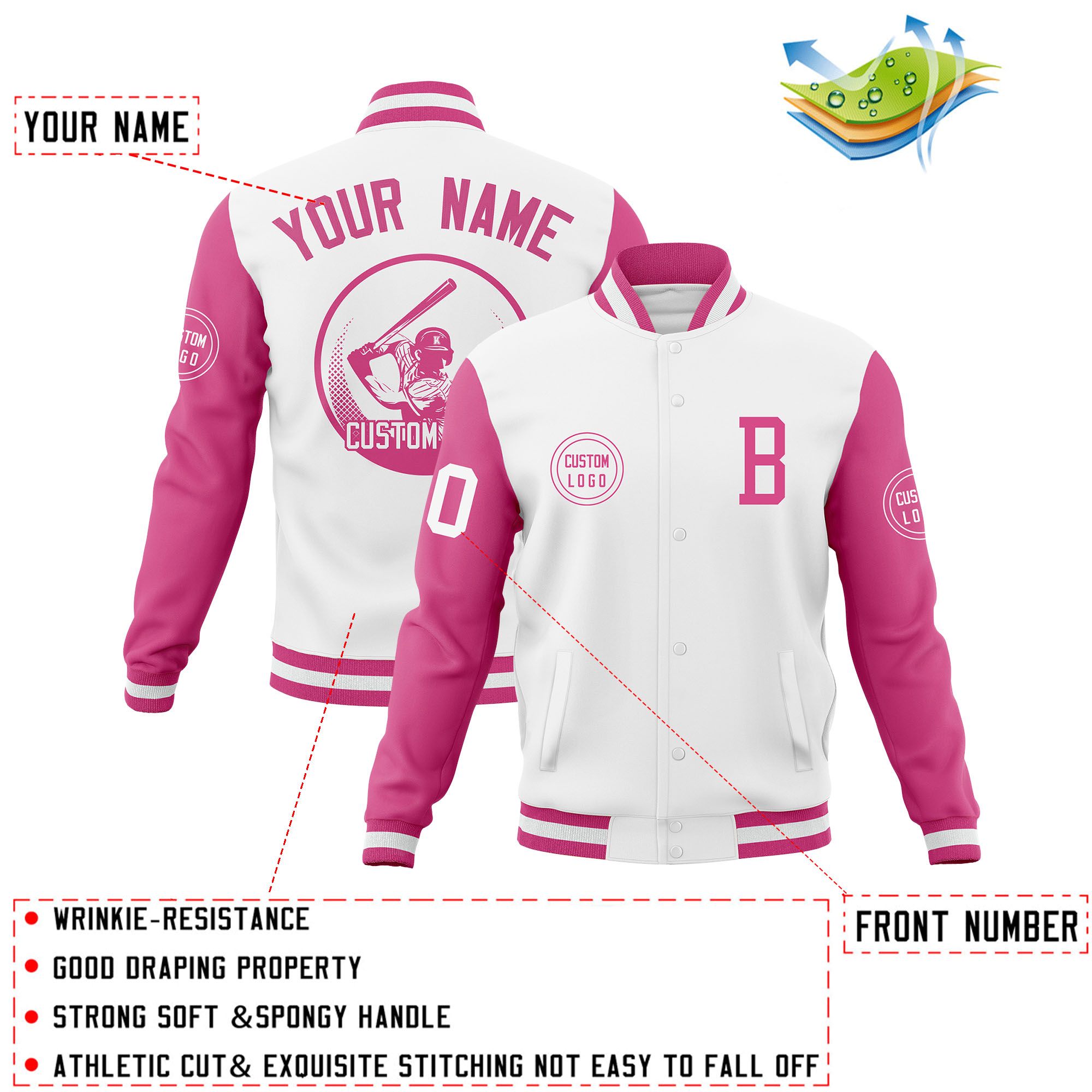 Custom White Pink Raglan Sleeves Full-Snap Varsity Personalized Letterman Baseball Coats Jacket