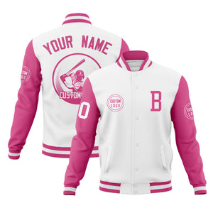 Custom White Pink Raglan Sleeves Full-Snap Varsity Personalized Letterman Baseball Coats Jacket