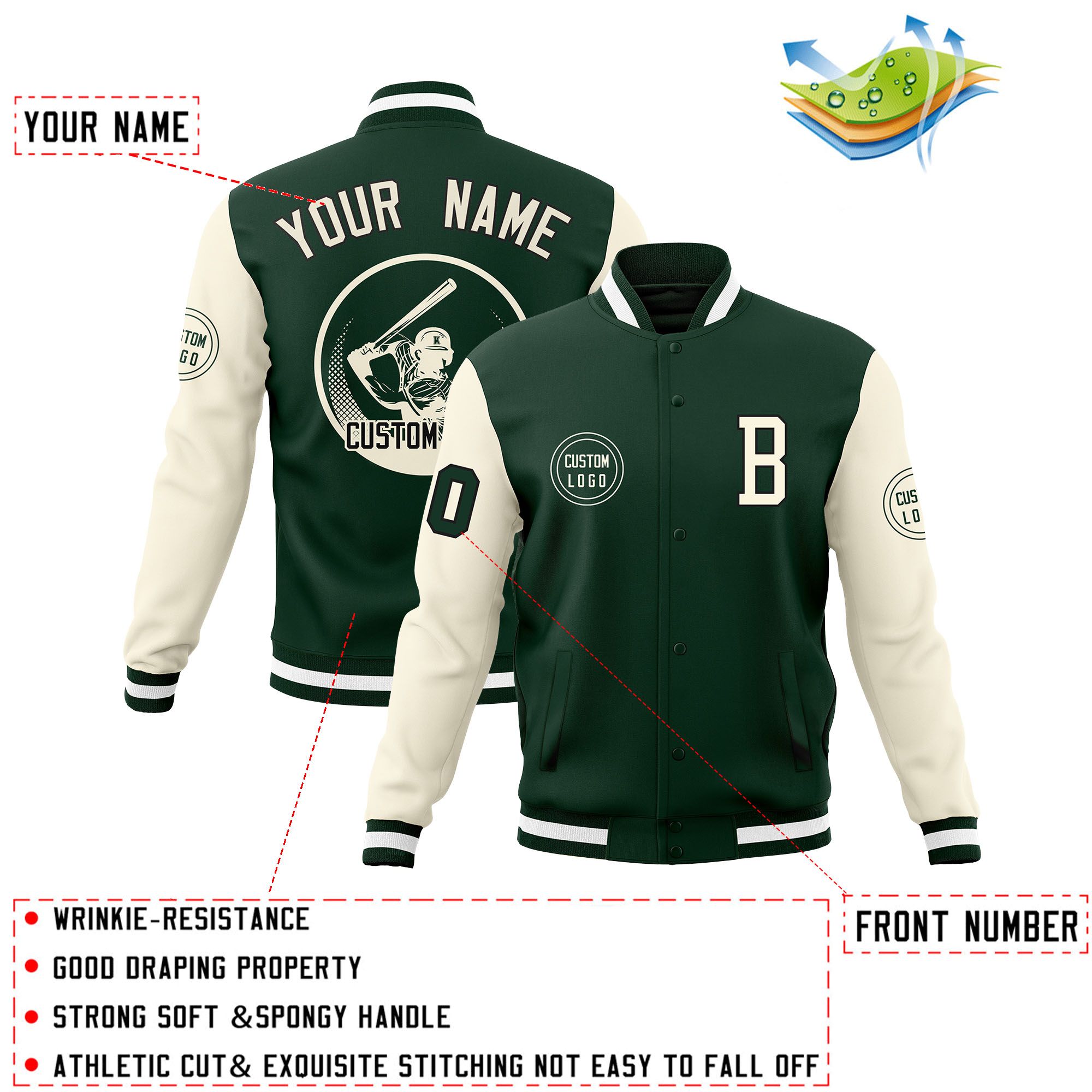 Custom Green Cream Raglan Sleeves Full-Snap Varsity Personalized Letterman Baseball Coats Jacket