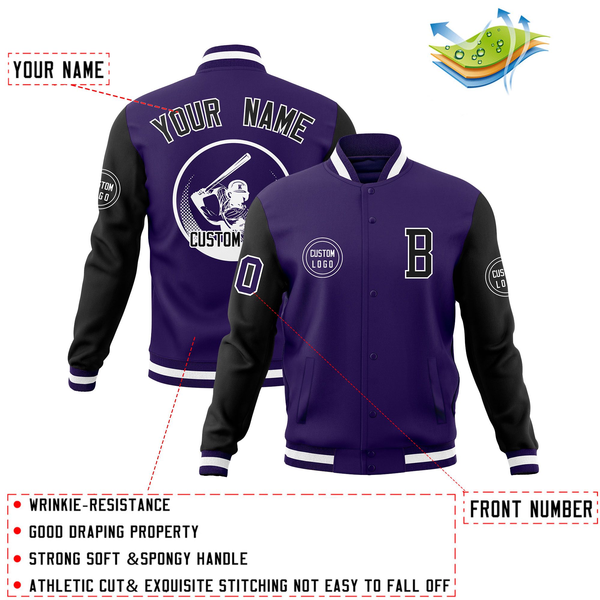 Custom Purple Black Raglan Sleeves Full-Snap Varsity Personalized Letterman Baseball Coats Jacket