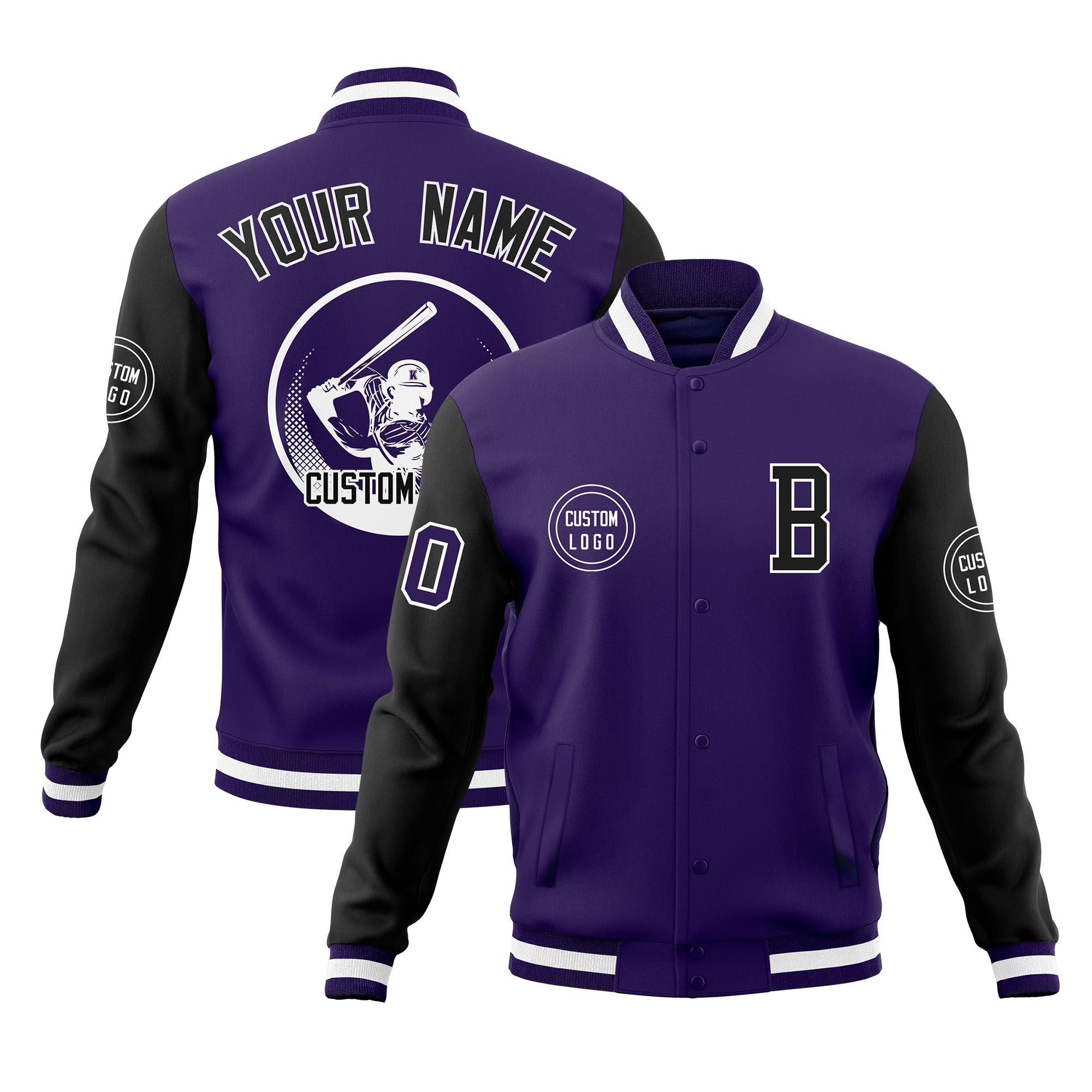 Custom Purple Black Raglan Sleeves Full-Snap Varsity Personalized Letterman Baseball Coats Jacket