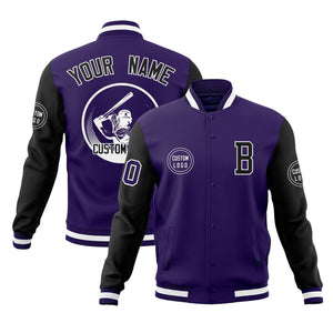 Custom Purple Black Raglan Sleeves Full-Snap Varsity Personalized Letterman Baseball Coats Jacket