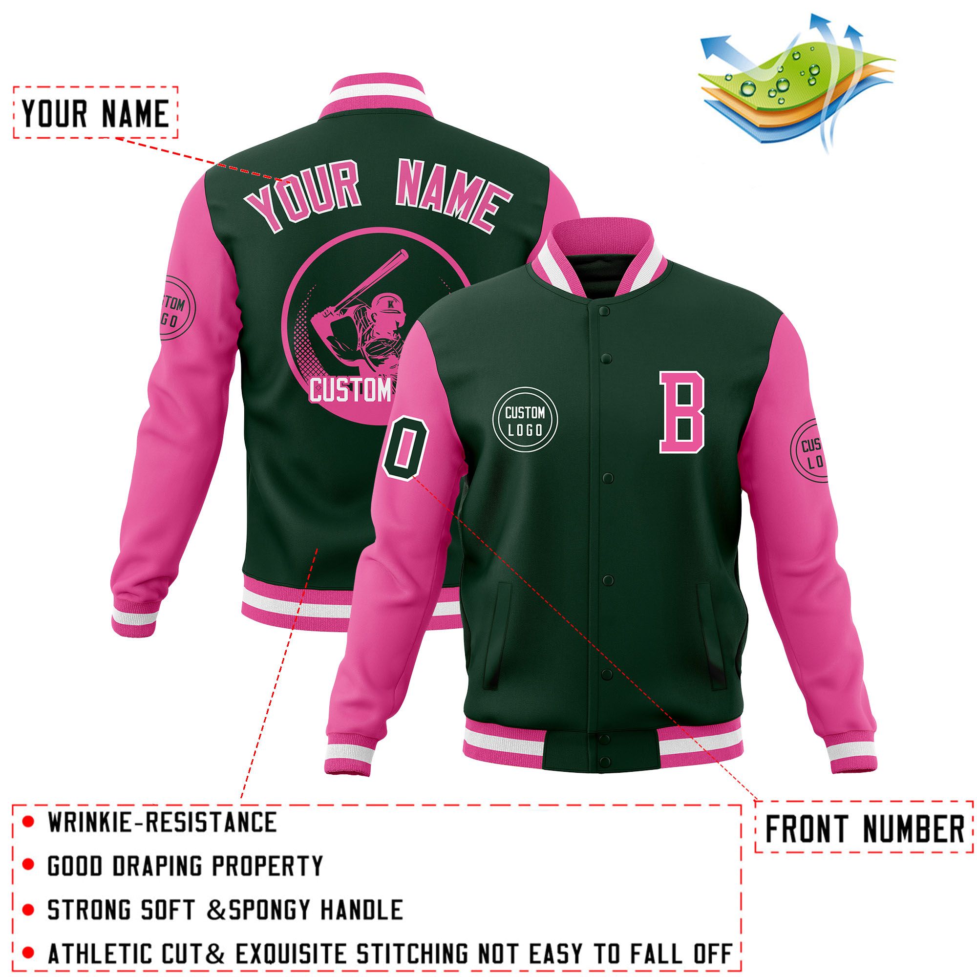 Custom Green Pink Raglan Sleeves Full-Snap Varsity Personalized Letterman Baseball Coats Jacket