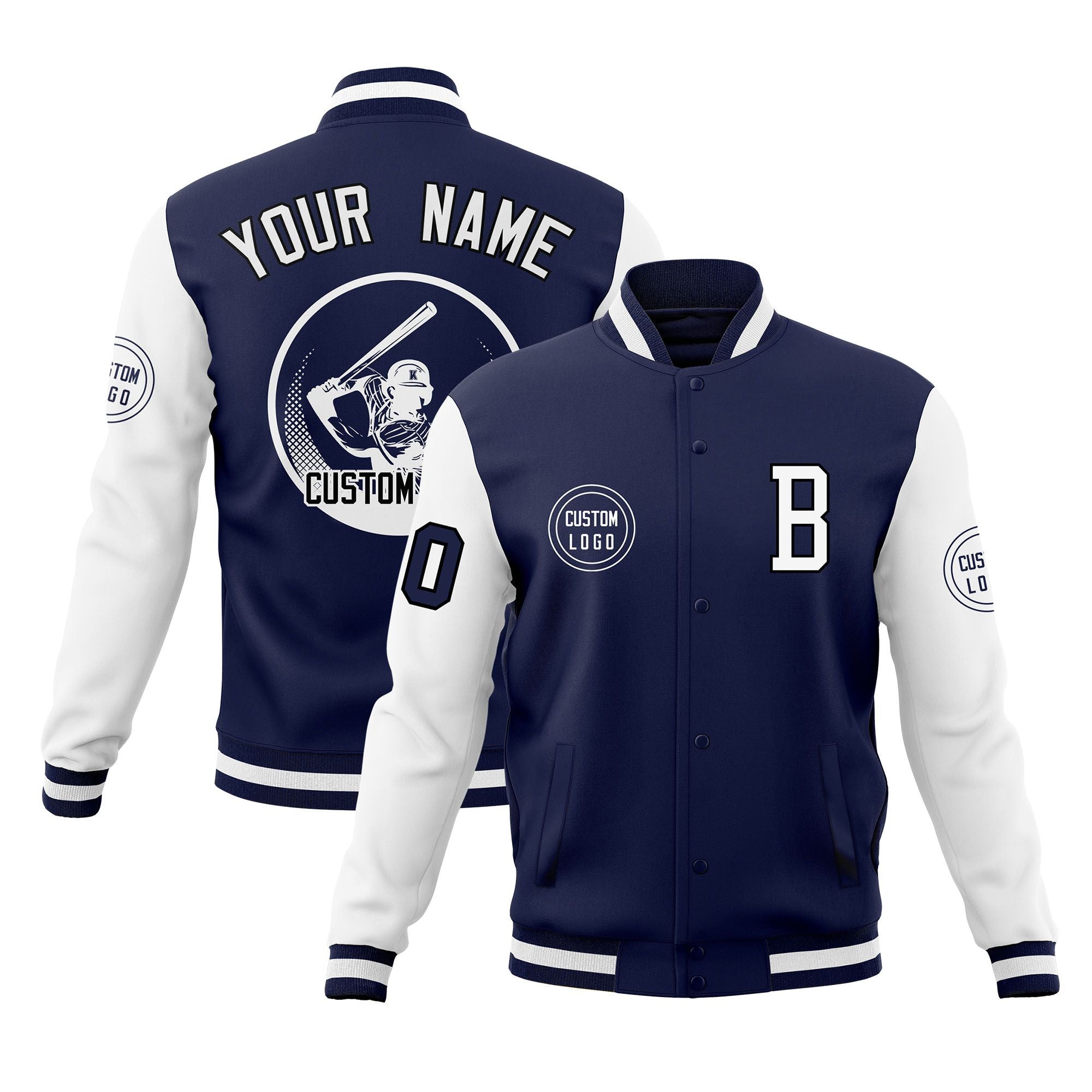 Custom Navy White Raglan Sleeves Full-Snap Varsity Personalized Letterman Baseball Coats Jacket