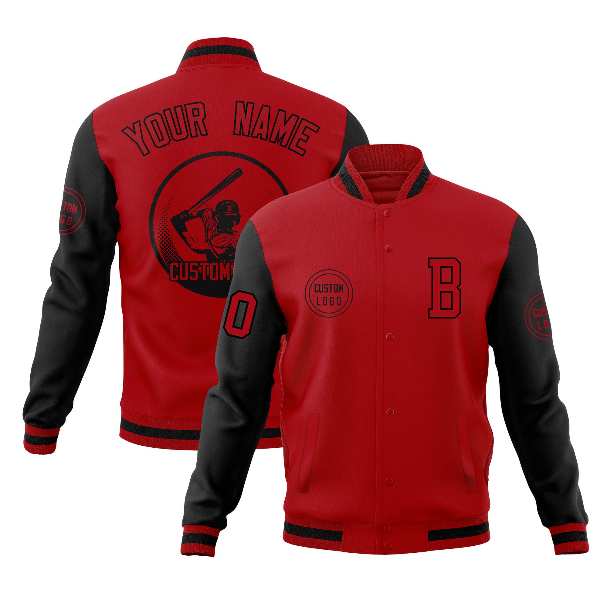 Custom Red Black Raglan Sleeves Full-Snap Varsity Personalized Letterman Baseball Coats Jacket