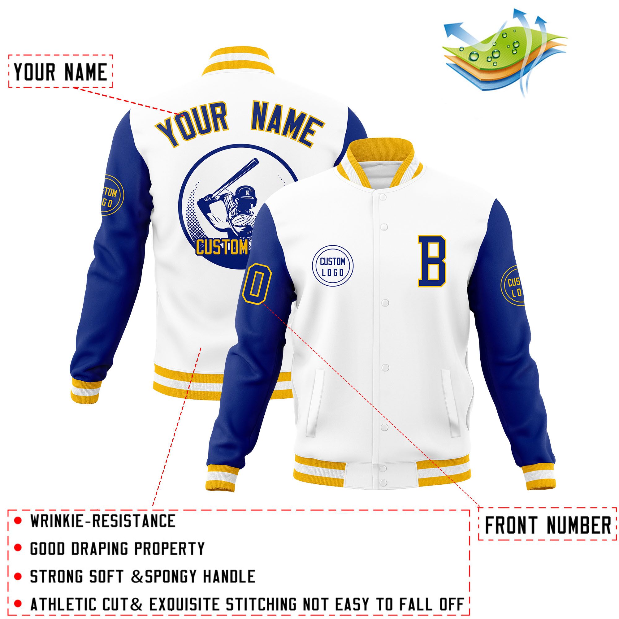 Custom White Royal Raglan Sleeves Full-Snap Varsity Personalized Letterman Baseball Coats Jacket