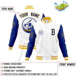 Custom White Royal Raglan Sleeves Full-Snap Varsity Personalized Letterman Baseball Coats Jacket