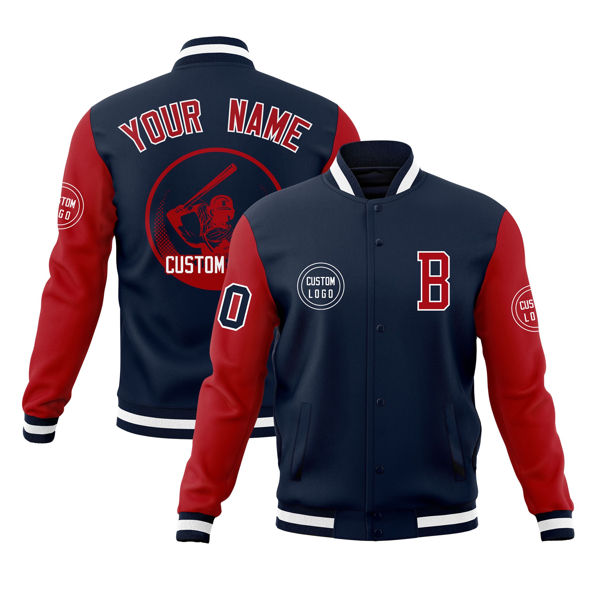 Custom Navy Red Raglan Sleeves Full-Snap Varsity Personalized Letterman Baseball Coats Jacket