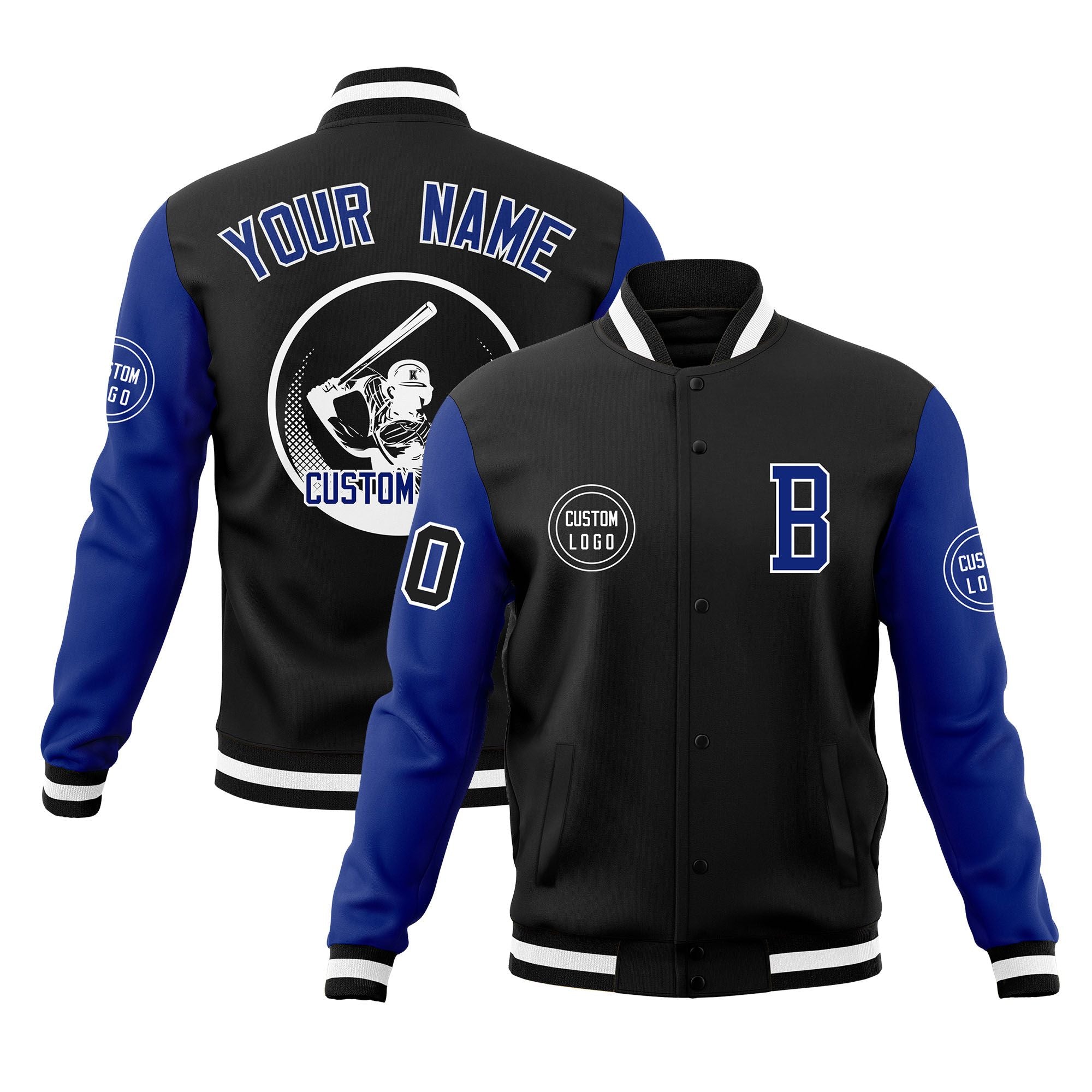 Custom Black Royal Raglan Sleeves Full-Snap Varsity Personalized Letterman Baseball Coats Jacket