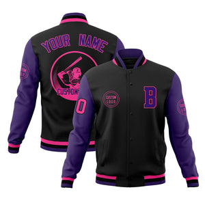 Custom Black Purple Raglan Sleeves Full-Snap Varsity Personalized Letterman Baseball Coats Jacket