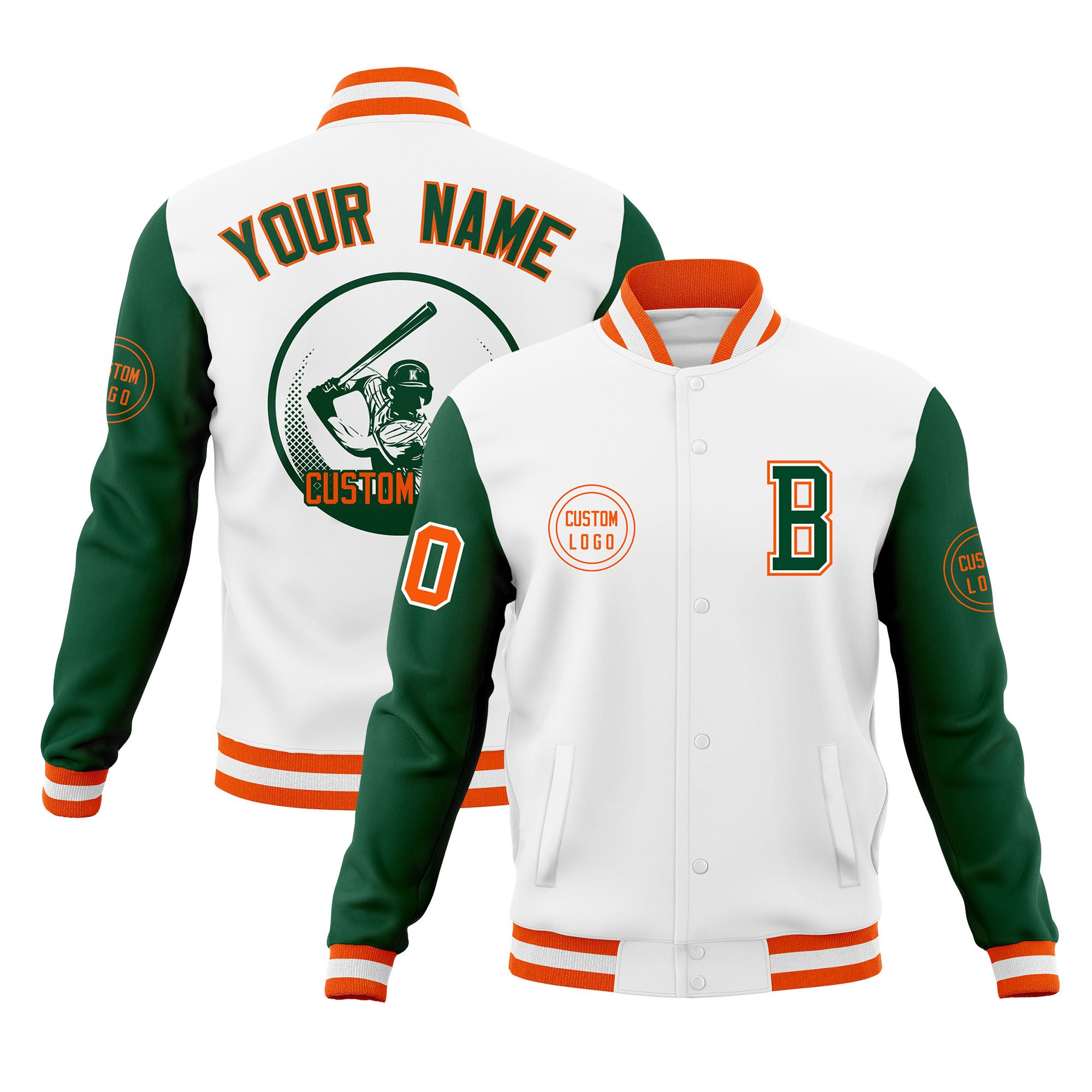 Custom White Green Raglan Sleeves Full-Snap Varsity Personalized Letterman Baseball Coats Jacket