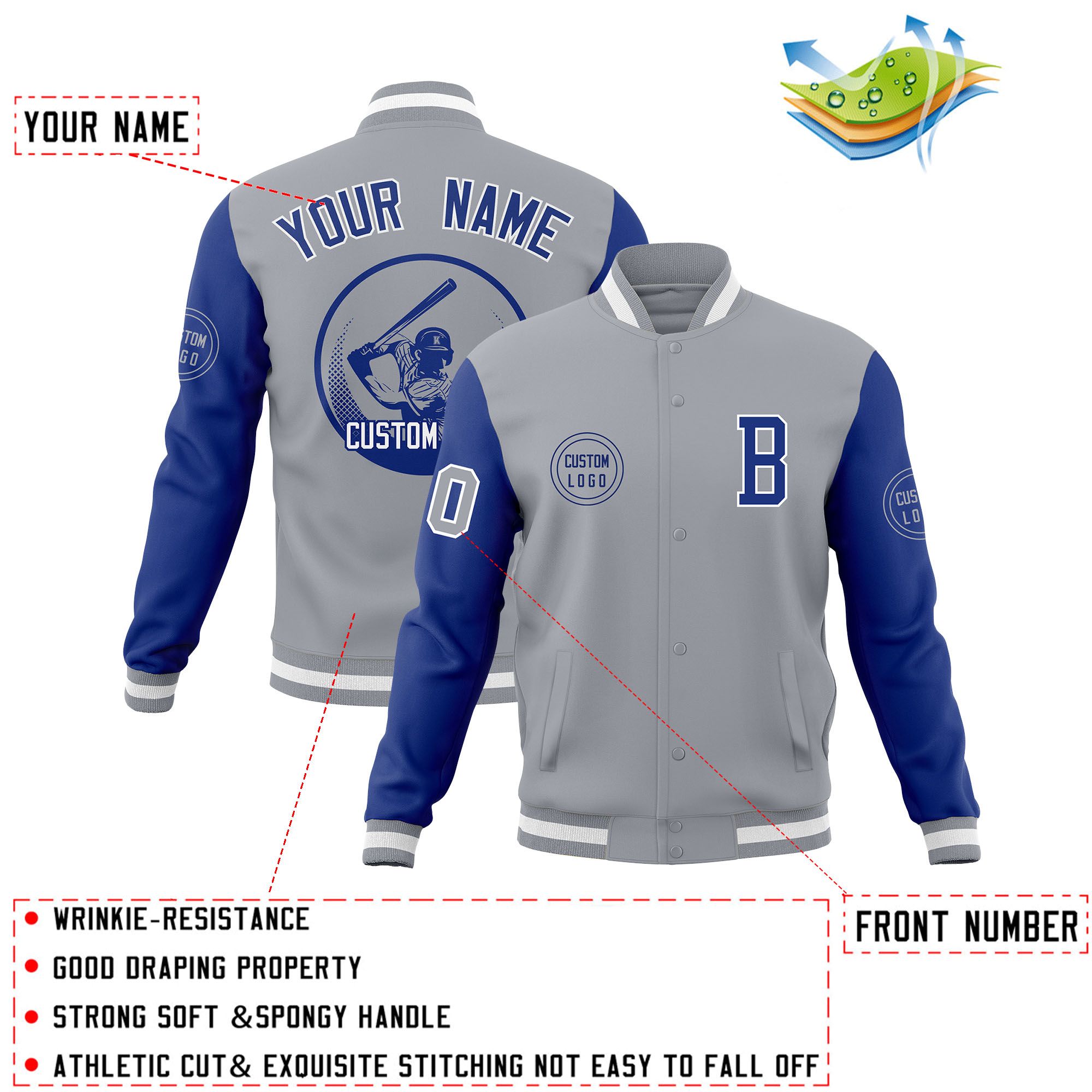 Custom Gray Royal Raglan Sleeves Full-Snap Varsity Personalized Letterman Baseball Coats Jacket