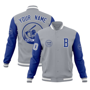 Custom Gray Royal Raglan Sleeves Full-Snap Varsity Personalized Letterman Baseball Coats Jacket