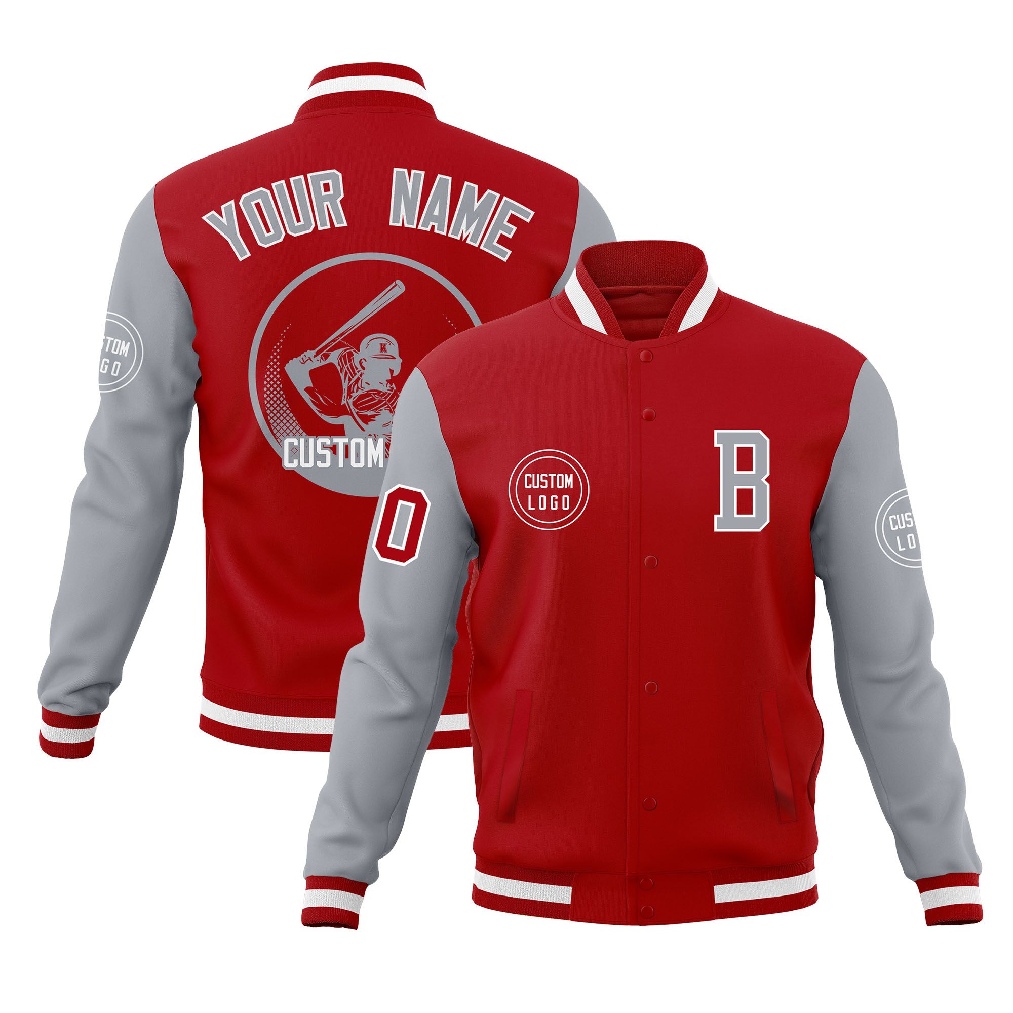 Custom Red Gray Raglan Sleeves Full-Snap Varsity Personalized Letterman Baseball Coats Jacket