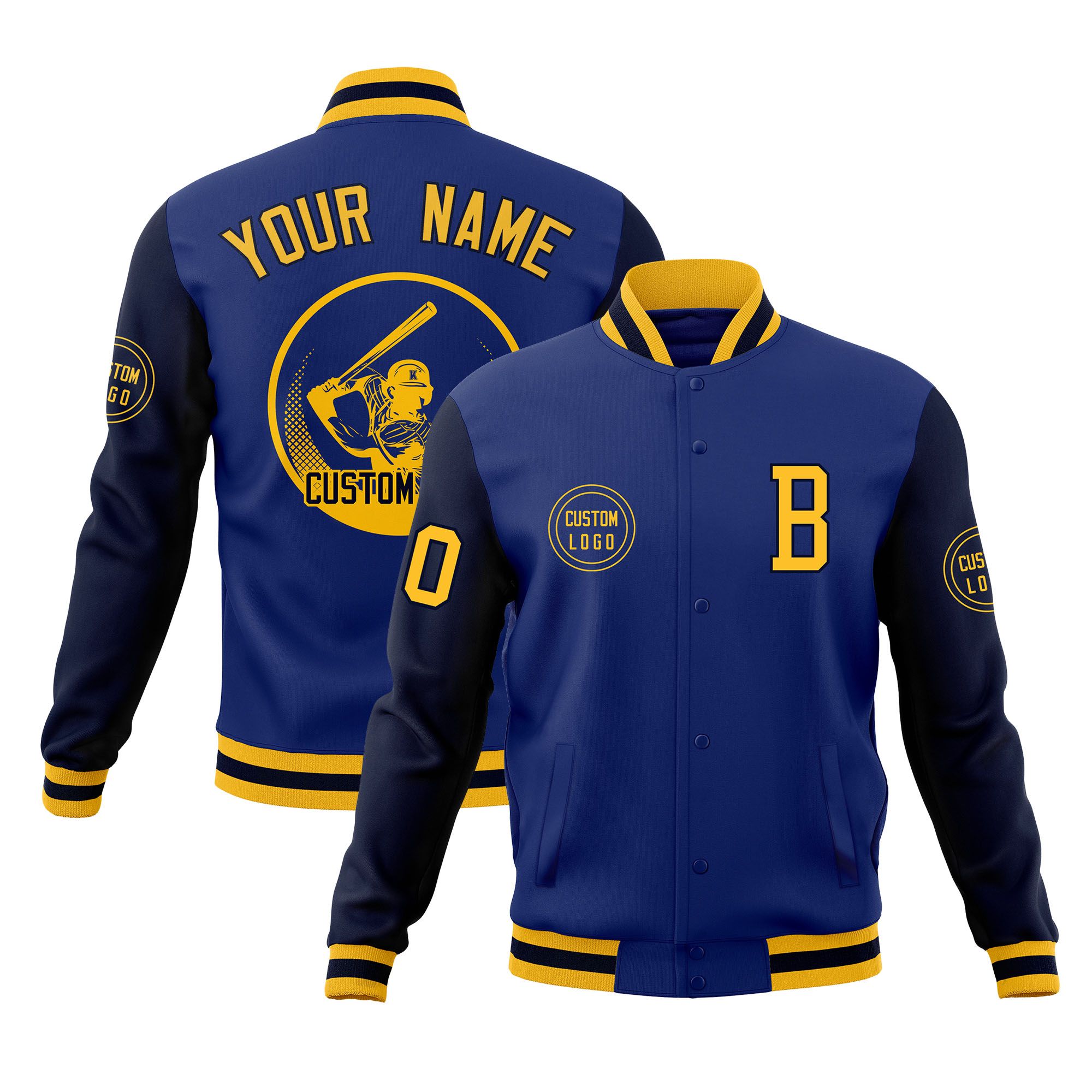 Custom Royal Navy Raglan Sleeves Full-Snap Varsity Personalized Letterman Baseball Coats Jacket