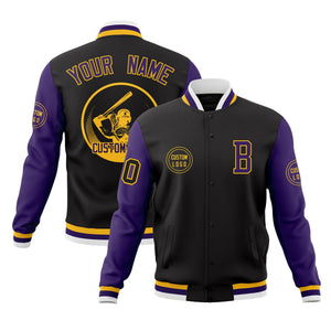 Custom Black Purple Raglan Sleeves Full-Snap Varsity Personalized Letterman Baseball Coats Jacket