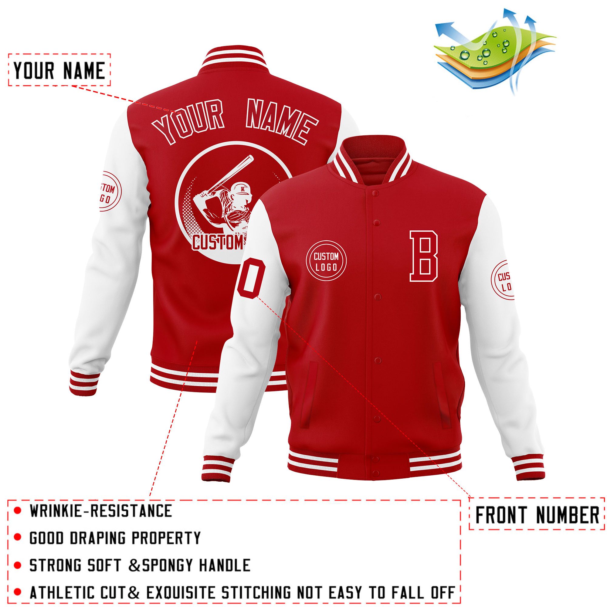 Custom Red White Raglan Sleeves Full-Snap Varsity Personalized Letterman Baseball Coats Jacket