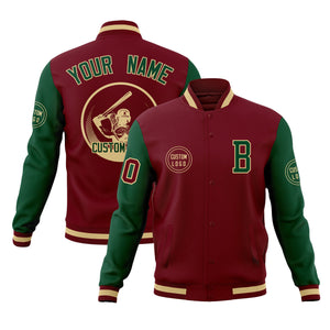 Custom Crimson Green Raglan Sleeves Full-Snap Varsity Personalized Letterman Baseball Coats Jacket