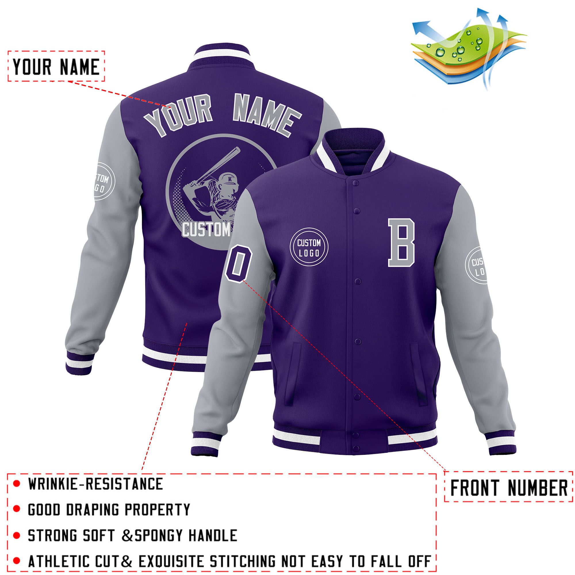 Custom Purple Gray Raglan Sleeves Full-Snap Varsity Personalized Letterman Baseball Coats Jacket