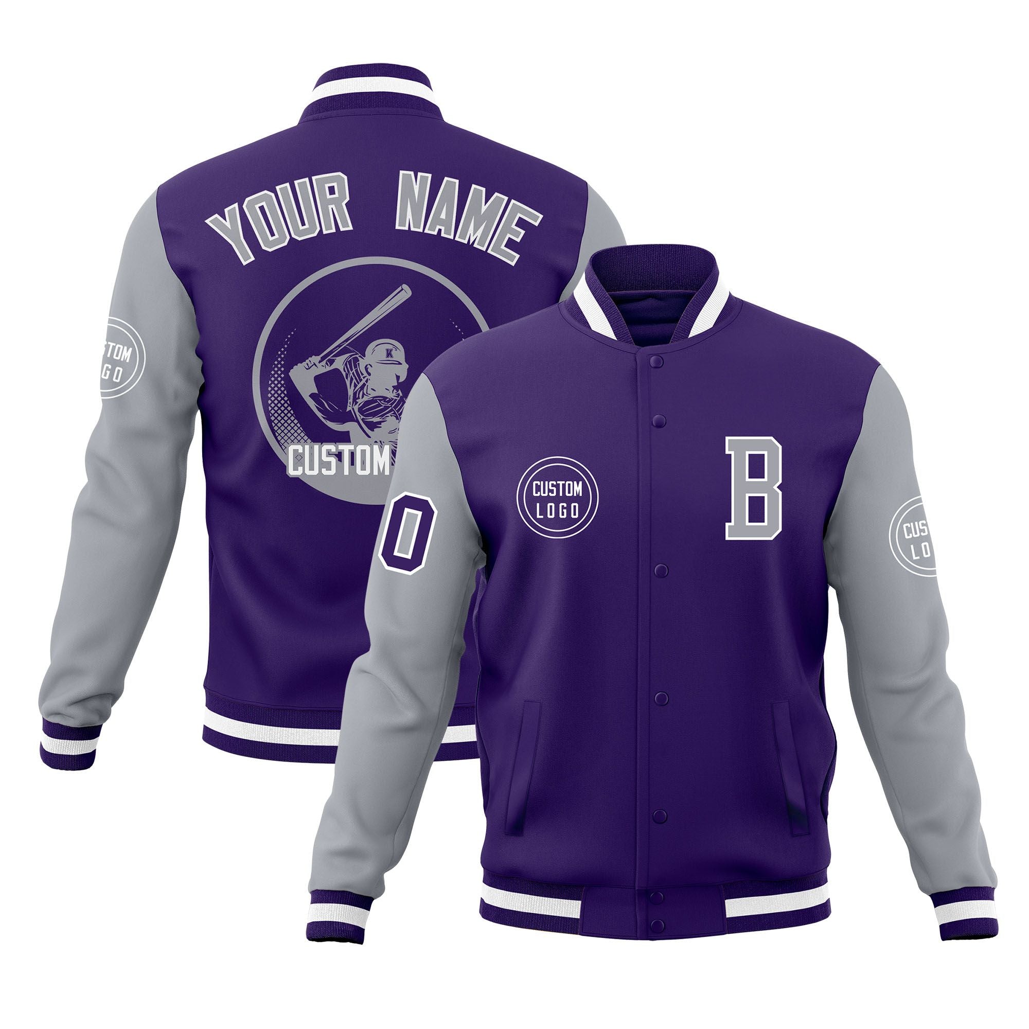 Custom Purple Gray Raglan Sleeves Full-Snap Varsity Personalized Letterman Baseball Coats Jacket