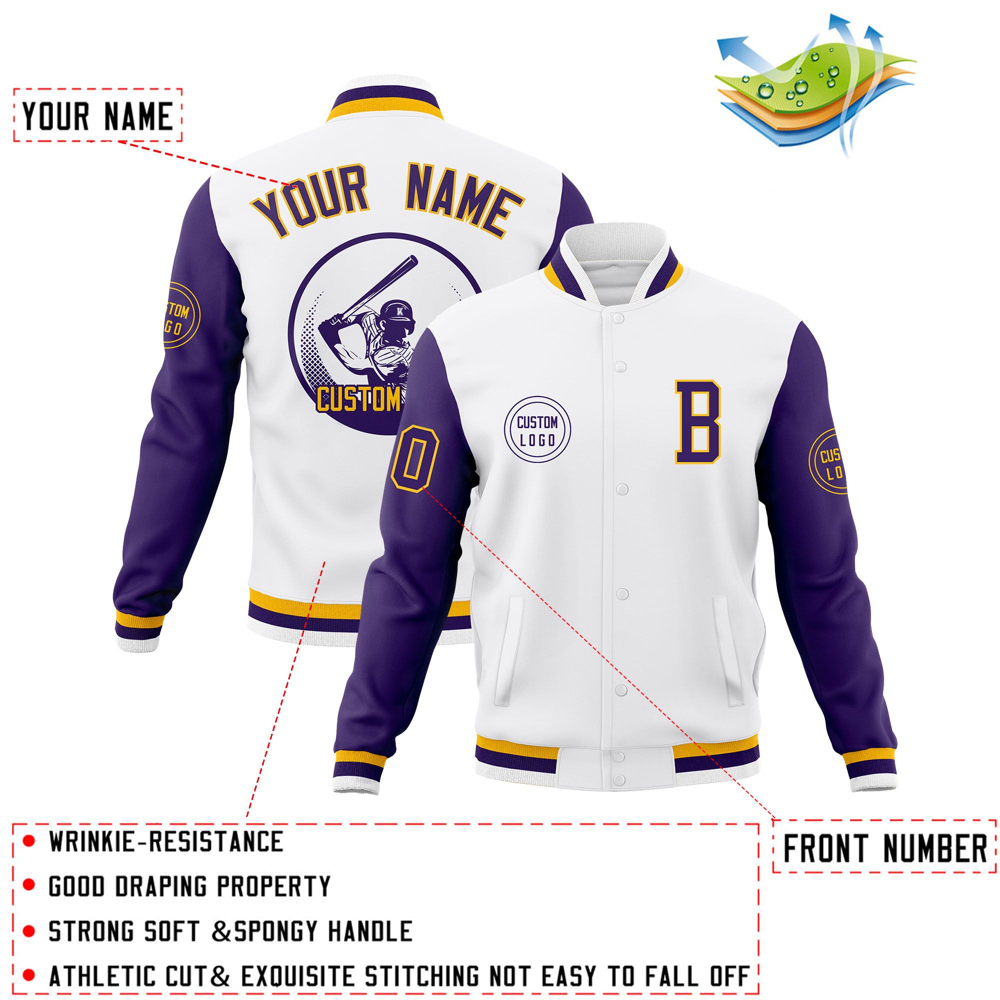 Custom White Purple Raglan Sleeves Full-Snap Varsity Personalized Letterman Baseball Coats Jacket