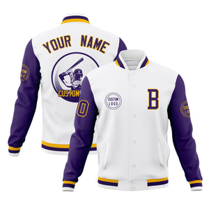 Custom White Purple Raglan Sleeves Full-Snap Varsity Personalized Letterman Baseball Coats Jacket