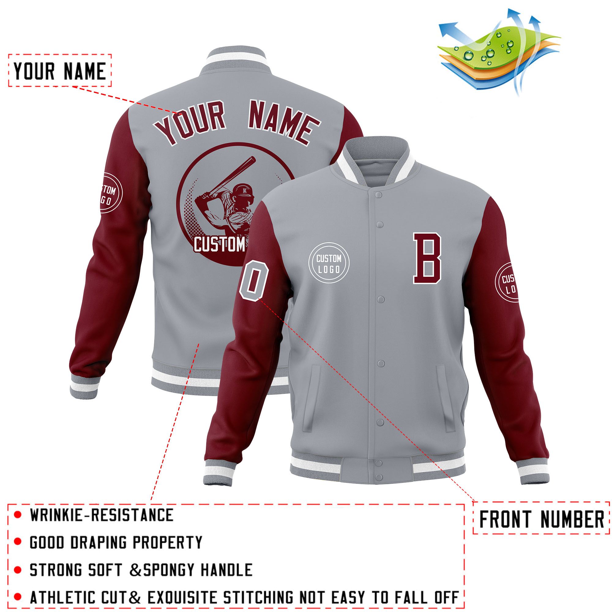 Custom Gray Crimson Raglan Sleeves Full-Snap Varsity Personalized Letterman Baseball Coats Jacket