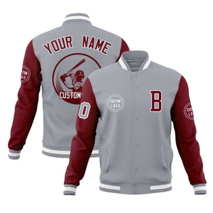 Custom Gray Crimson Raglan Sleeves Full-Snap Varsity Personalized Letterman Baseball Coats Jacket