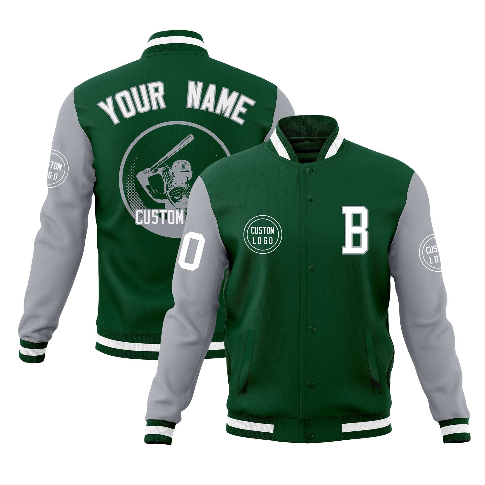 Custom Green Gray Raglan Sleeves Full-Snap Varsity Personalized Letterman Baseball Coats Jacket