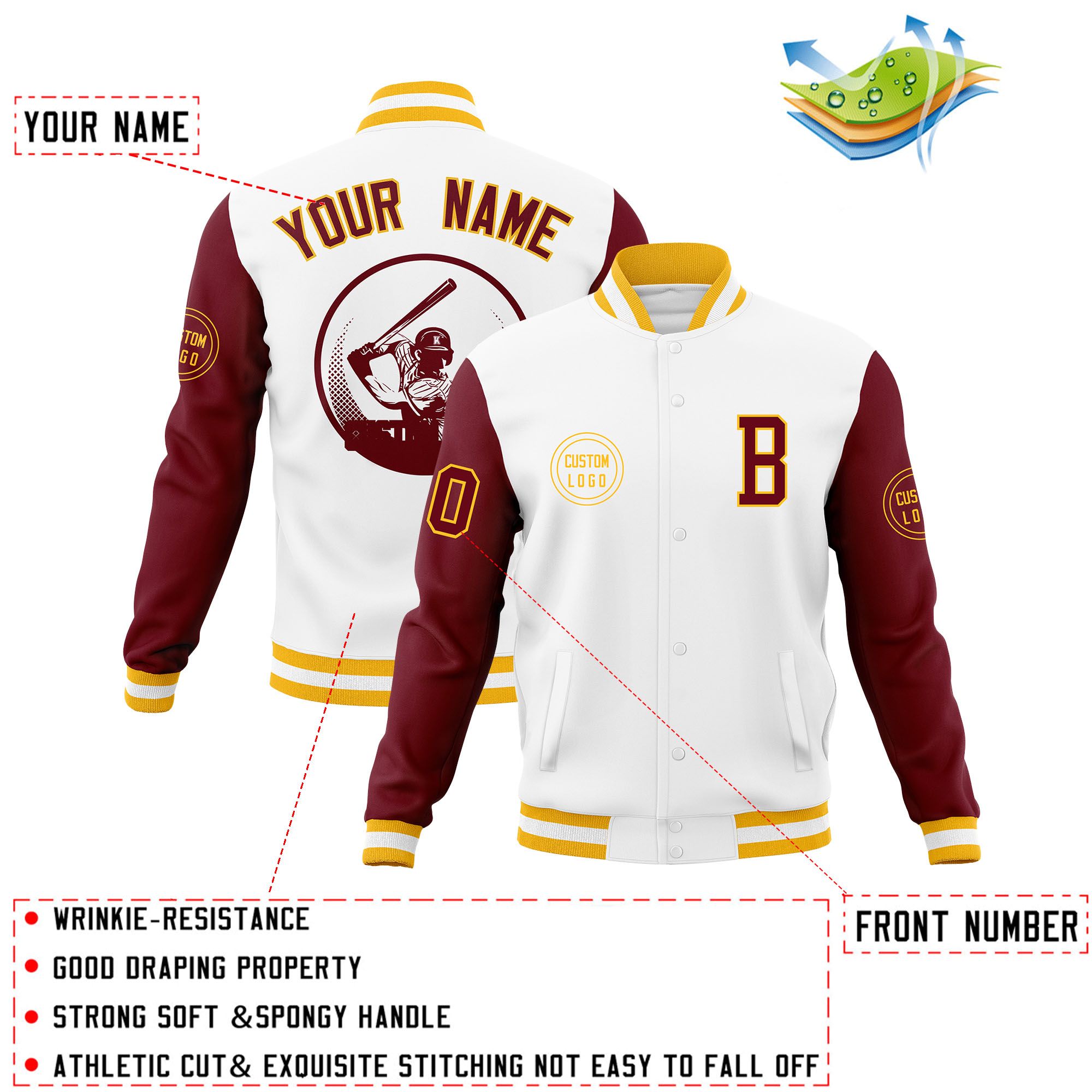 Custom White Crimson Raglan Sleeves Full-Snap Varsity Personalized Letterman Baseball Coats Jacket