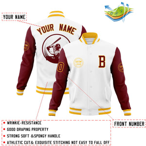 Custom White Crimson Raglan Sleeves Full-Snap Varsity Personalized Letterman Baseball Coats Jacket