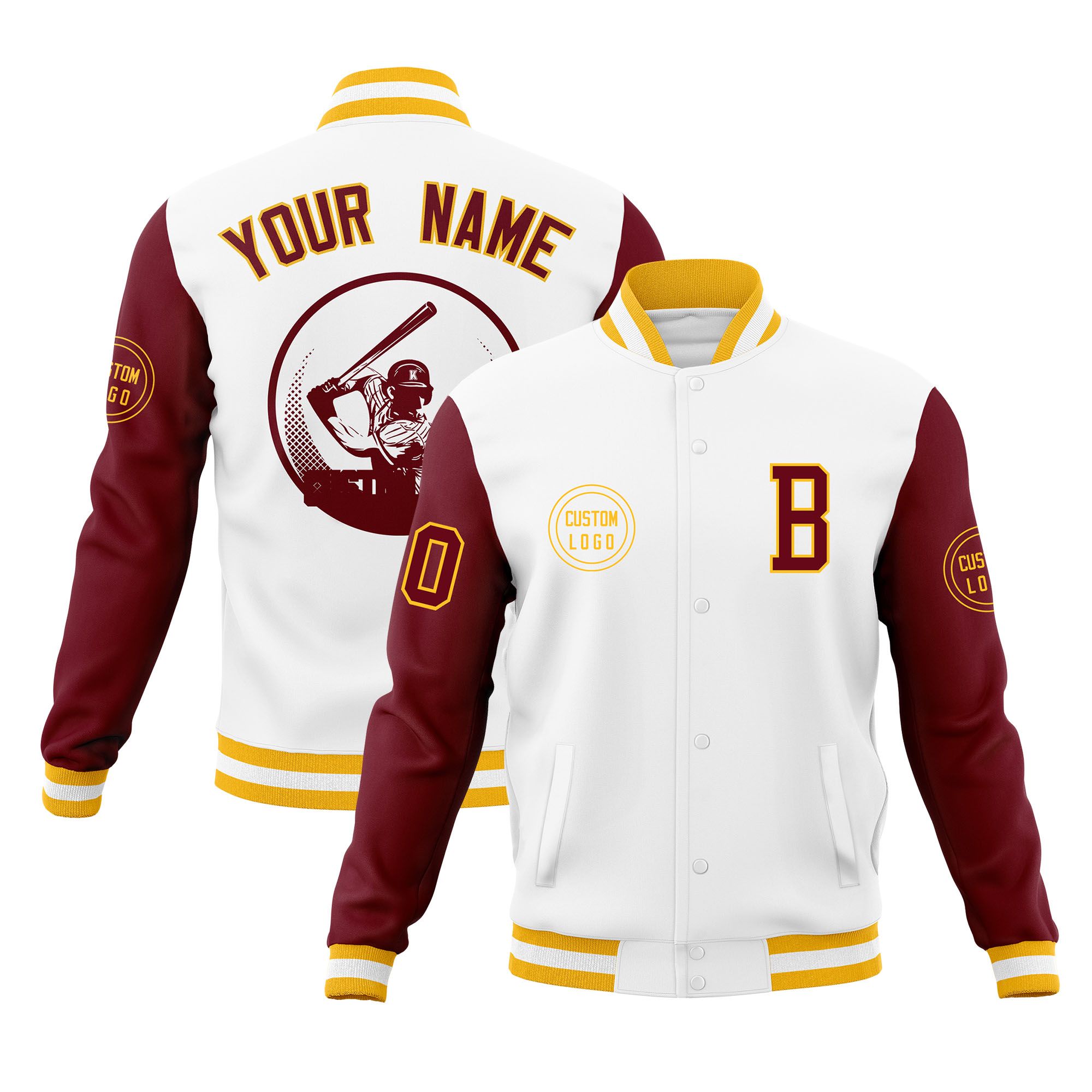 Custom White Crimson Raglan Sleeves Full-Snap Varsity Personalized Letterman Baseball Coats Jacket