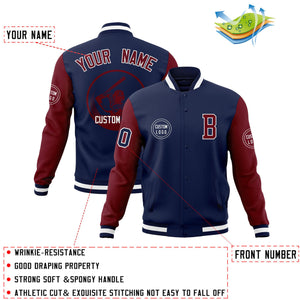 Custom Navy Crimson Raglan Sleeves Full-Snap Varsity Personalized Letterman Baseball Coats Jacket