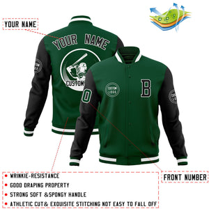 Custom Green Black Raglan Sleeves Full-Snap Varsity Personalized Letterman Baseball Coats Jacket