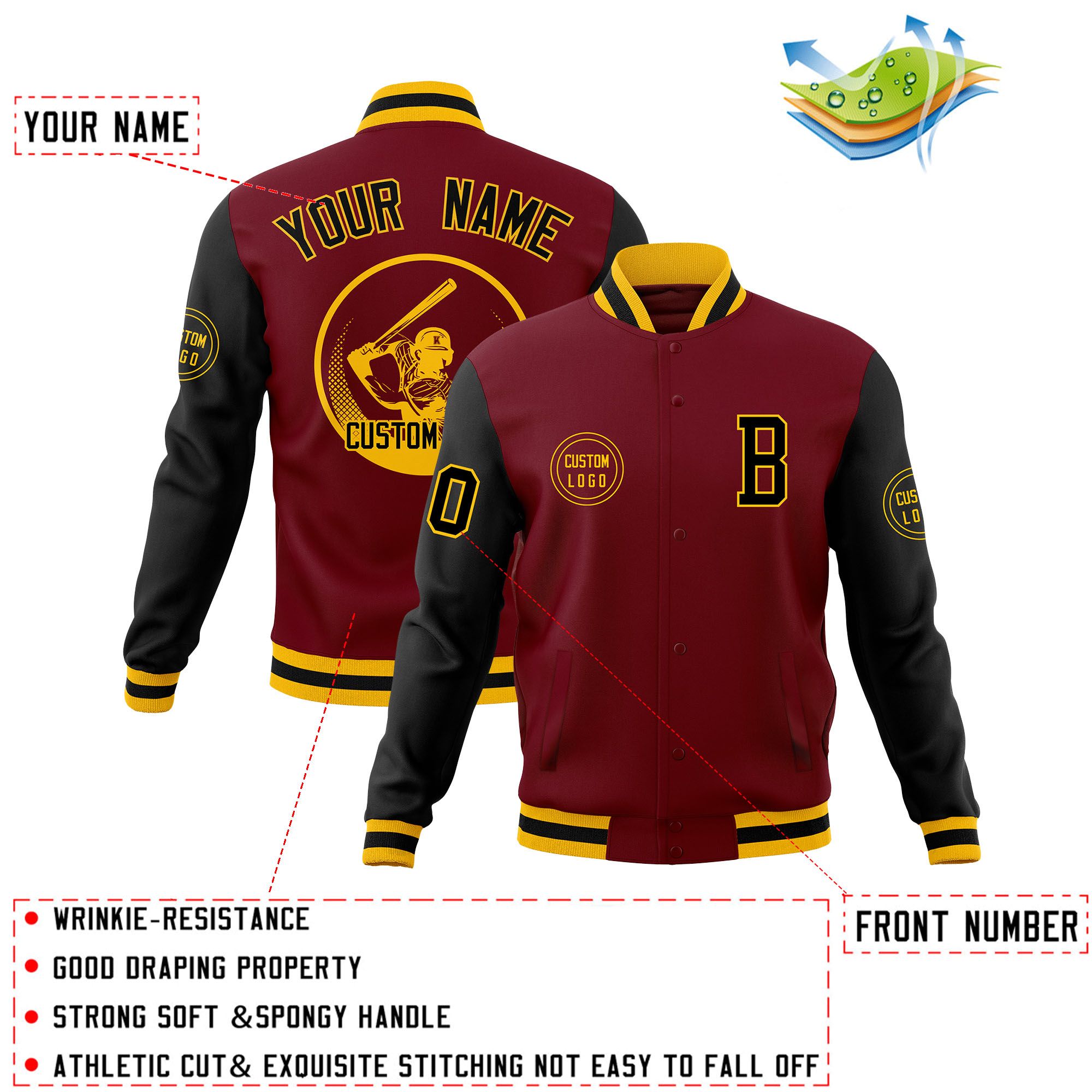 Custom Crimson Black Raglan Sleeves Full-Snap Varsity Personalized Letterman Baseball Coats Jacket