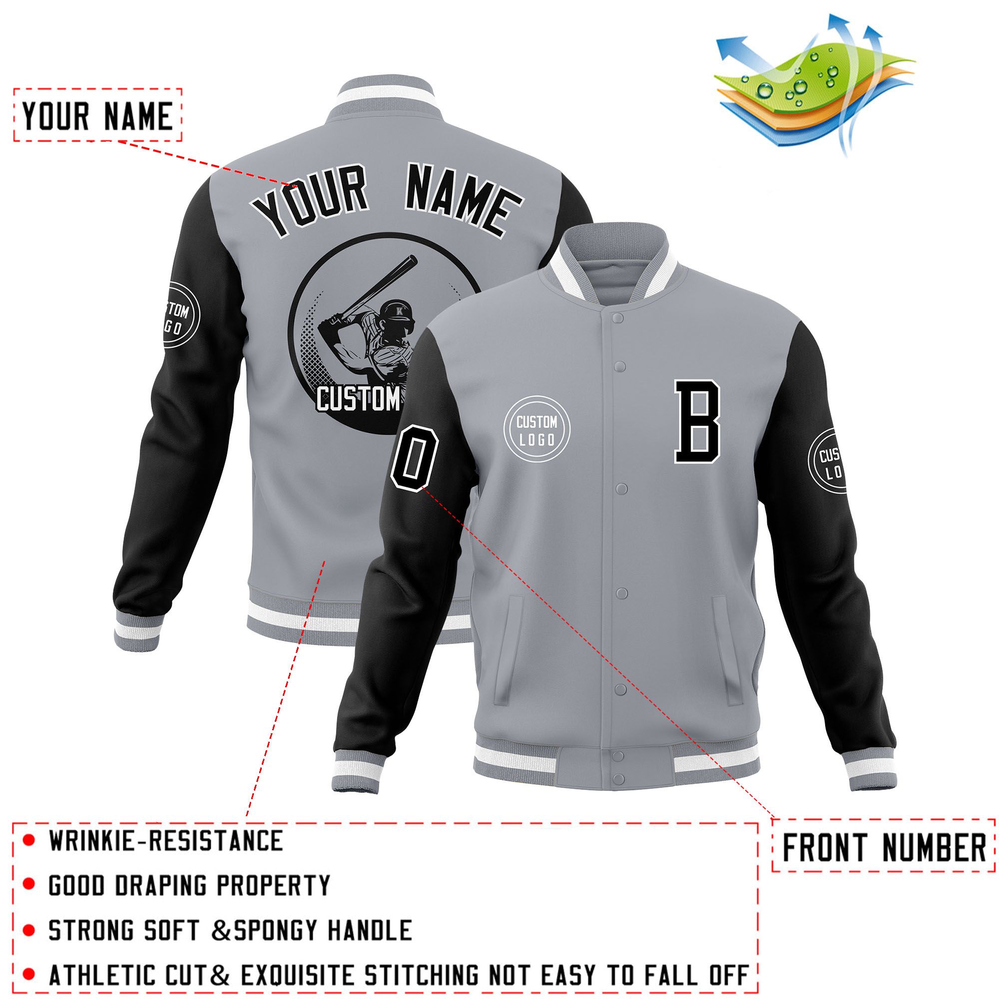 Custom Gray Black Raglan Sleeves Full-Snap Varsity Personalized Letterman Baseball Coats Jacket