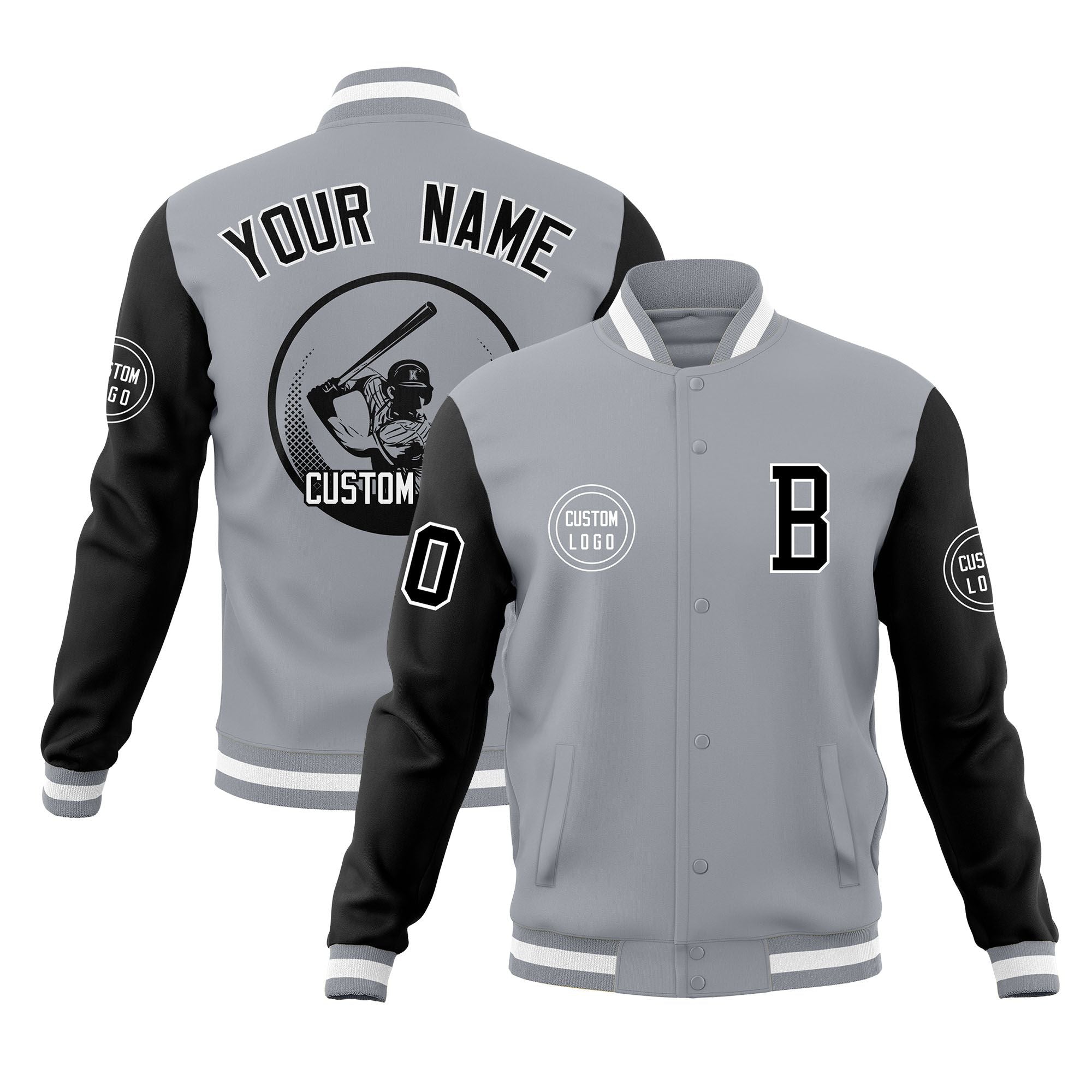 Custom Gray Black Raglan Sleeves Full-Snap Varsity Personalized Letterman Baseball Coats Jacket