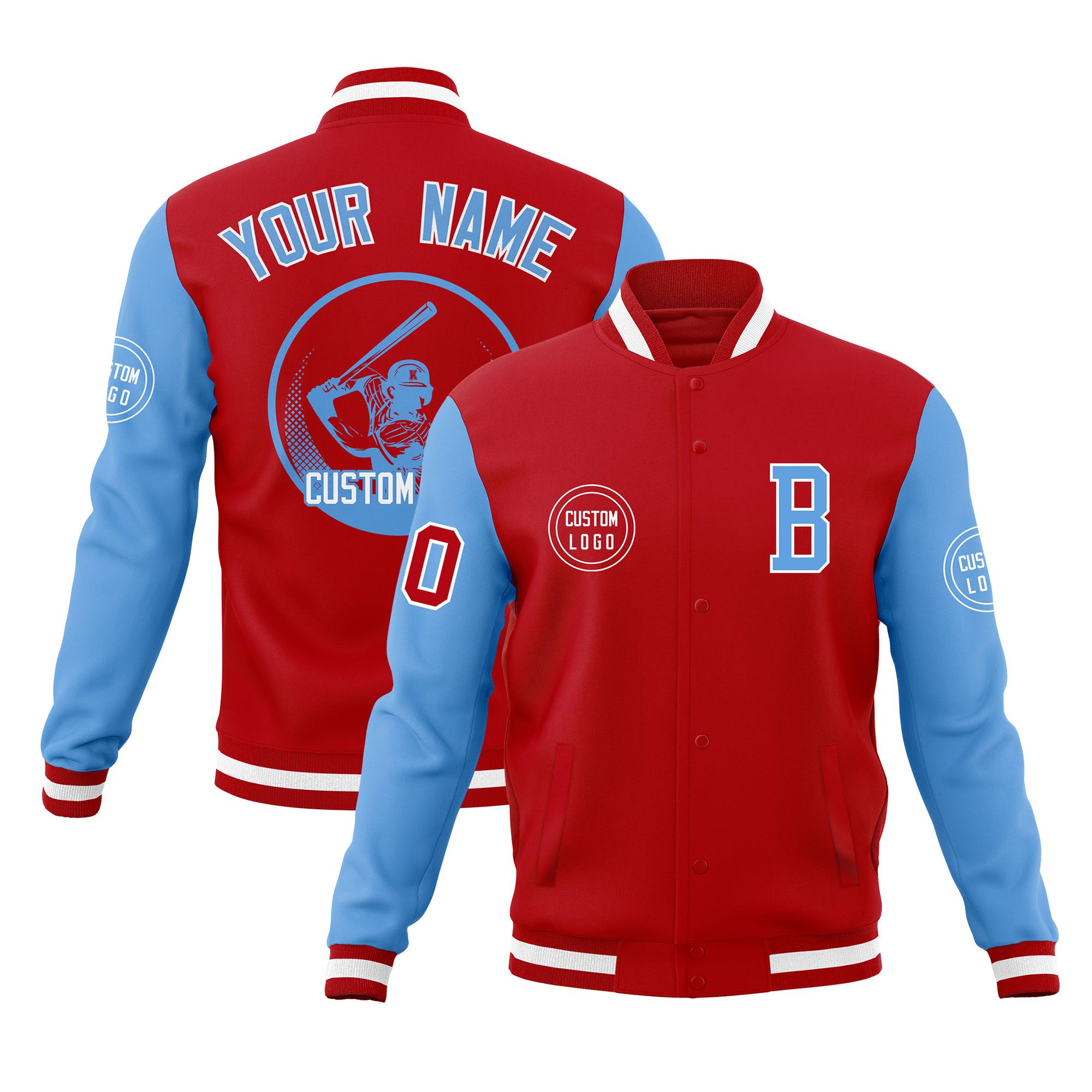 Custom Red Powder Blue Raglan Sleeves Full-Snap Varsity Personalized Letterman Baseball Coats Jacket