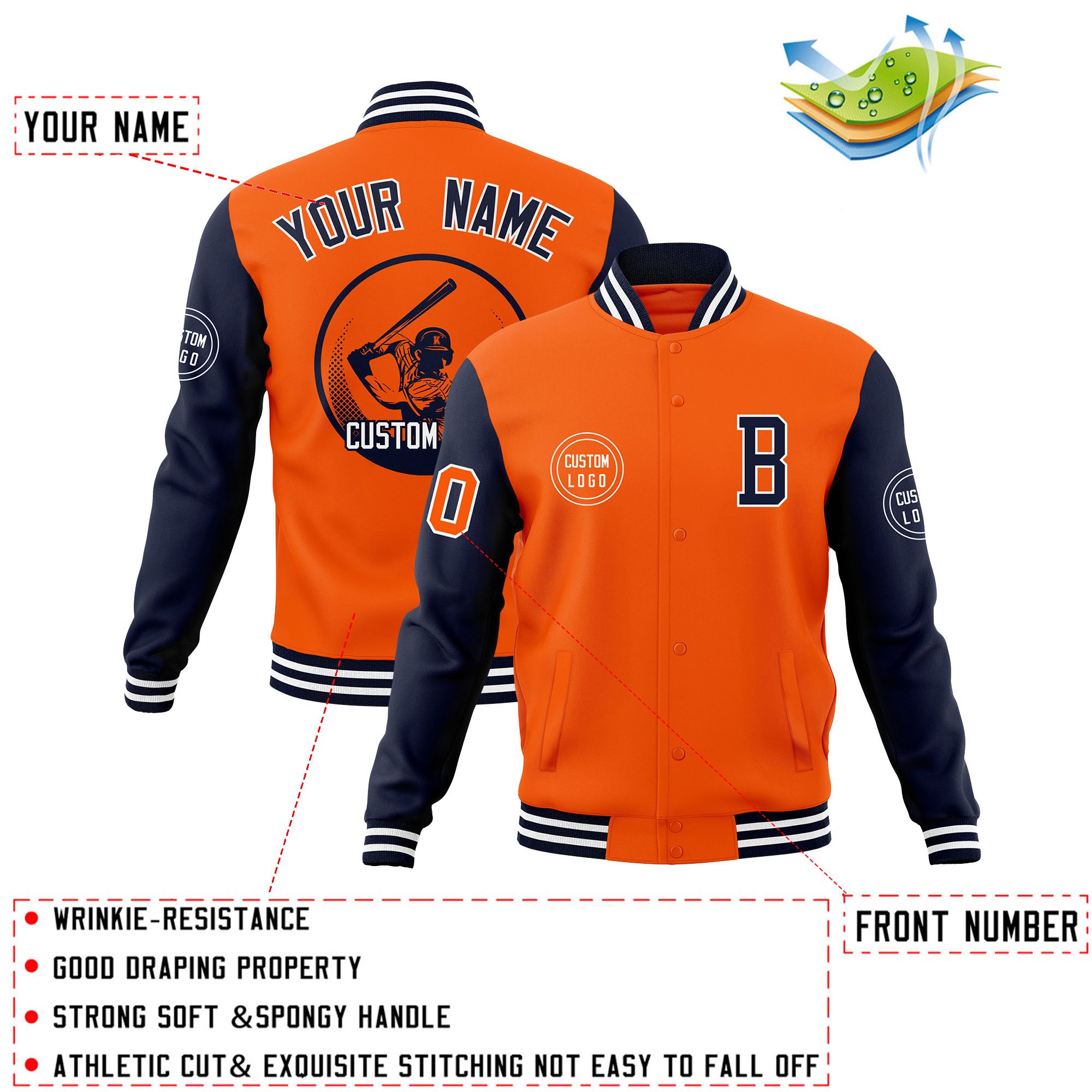 Custom Orange Navy Raglan Sleeves Full-Snap Varsity Personalized Letterman Baseball Coats Jacket