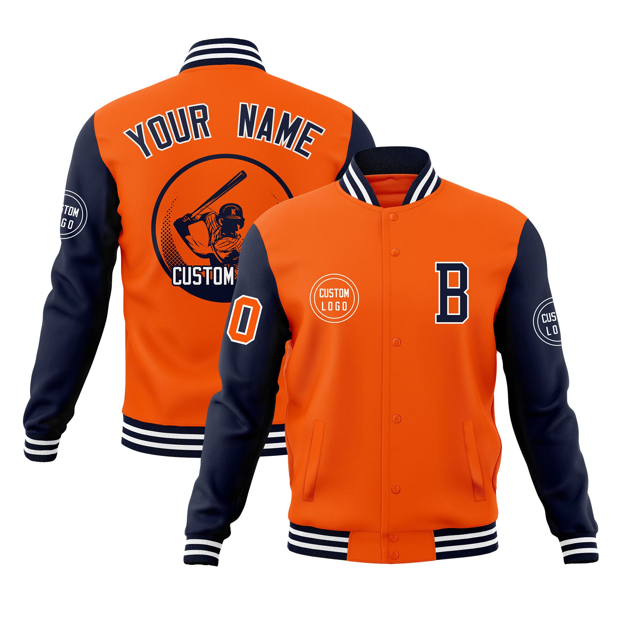 Custom Orange Navy Raglan Sleeves Full-Snap Varsity Personalized Letterman Baseball Coats Jacket